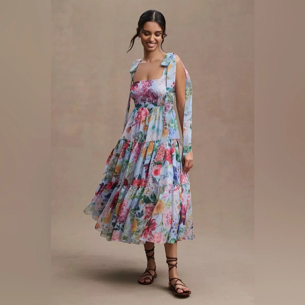 BHLDN Geisha Designs Isabella Tiered Square-Neck A-Line Midi Dress - Picture 1 of 8